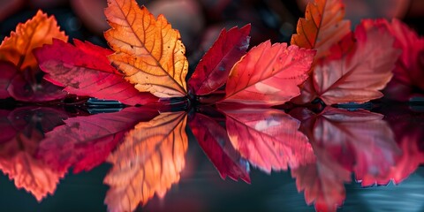 Vibrant Close-Up of Colorful Leaves Reflecting Their Lower Half. Concept Close-Up Photography, Vibrant Colors, Nature's Beauty, Detailed Texture, Reflective Surfaces