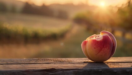 A peach with a single bite taken out of it, resting on a wooden table with a blurred countryside in the background