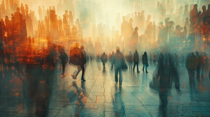Impressionistic Blur: Artistic Photo of Realistic Blurred Human Figures in a Large Square