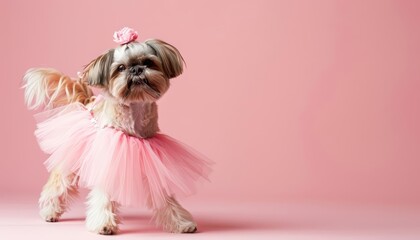 A shih tzu in a ballet outfit, performing a dance move on a light pink background with room for text