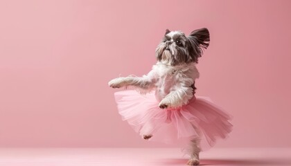 A shih tzu in a ballet outfit, performing a dance move on a light pink background with room for text
