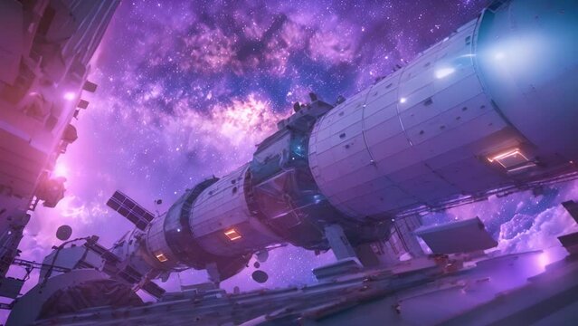 Space station orbits in cosmic splendor, stars and nebulae aglow