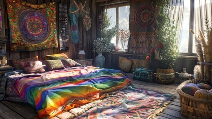 A colorful bedroom with a large tapestry on the wall and a colorful bedspread. Generate AI image