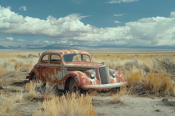Fototapeta premium A rusty old car lies abandoned in a vast desert, embodying desolation and the passage of time.