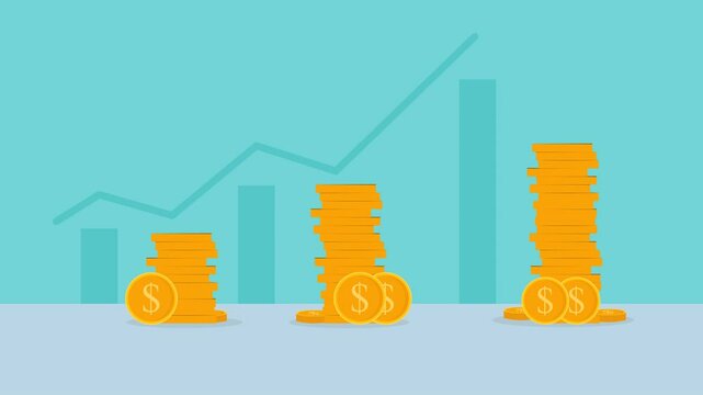 animated coins and graph static motion, long term investment concept, Start invest in stock market, begin savings to achieve financial goal, 4K animation