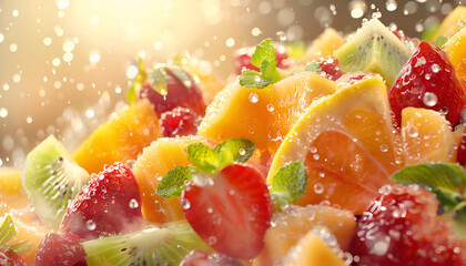 Vivid images of nutritious fruits, health, desserts, fruits, nutrition, food, berries, oranges, kiwis, blueberries, mint leaves, meals, AI-generated.