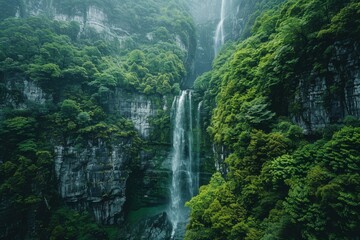 Fototapeta premium Serene waterfall flows through rugged cliffs surrounded by greenery