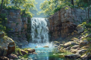 Fototapeta premium Serene waterfall flows through rugged cliffs surrounded by greenery