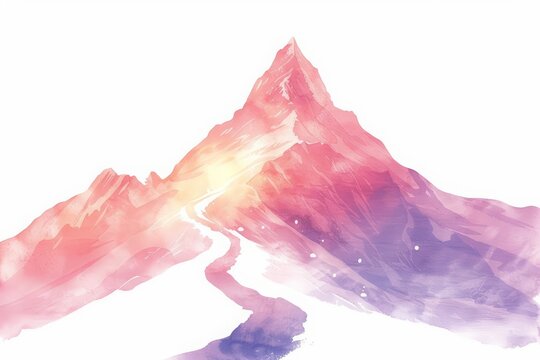 A watercolor clipart of a mountain with a glowing path winding up to the summit
