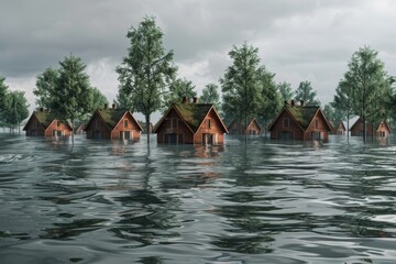 Fototapeta premium The concept of a great flood, where only the tops of trees and rooftops of houses are visible above the water, capturing the dramatic and overwhelming nature of the disaster, ideal for illustrating en