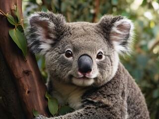 Naklejka premium adorable close-up portrait of a koala, fluffy koala on a branch