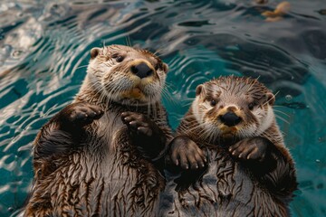 Two otters floating on their backs, holding paws to stay together, capturing their playful and loving bond in the water 