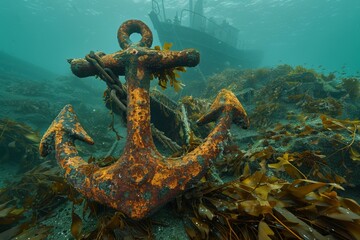 An underwater view reveals a rusted anchor entangled in seaweed, part of a shipwreck in a coastal region, evoking a sense of mystery and history.







