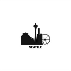 Seattle skyline, downtown panorama logo, logotype. USA, Washington state black city badge contour, isolated vector pictogram with tower, buildings, monuments, landmarks, skyscrapers, ferris wheel