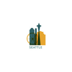 Obraz premium Seattle skyline, downtown panorama logo, logotype. USA, Washington state city badge contour, isolated vector pictogram with tower, buildings, monuments, landmarks, skyscrapers, ferris wheel