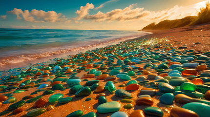Obraz premium A stunning and vivid cinematic picture. Scattering pebbles on the seashore. Which looks bright and shiny