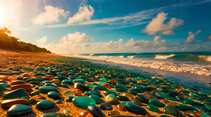 A stunning and vivid cinematic picture. Scattering pebbles on the seashore. Which looks bright and shiny