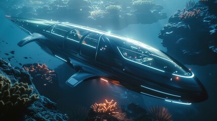 Fototapeta premium A futuristic submarine is floating in the ocean. Generate AI image