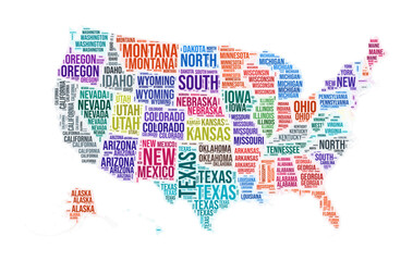 Fototapeta premium United States state word cloud. Country shape design. United States colored illustration. State names collage cloud. Vector illustration.