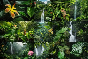 A collage of lush rainforests, featuring dense vegetation, exotic flowers, and cascading waterfalls, each image emphasizing the richness and diversity of tropical ecosystems.