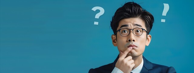 Thoughtful Asian Businessman Contemplating with Question Mark on Blue
