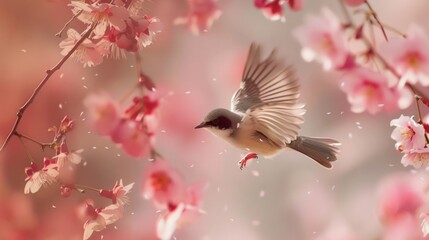 A bird is perched on a pink tree branch. Generate AI image
