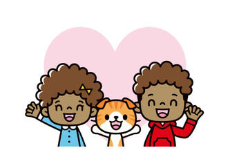 大きなハートの前で笑顔で手を振るアメリカ人の子供たちとペットの猫のイラスト