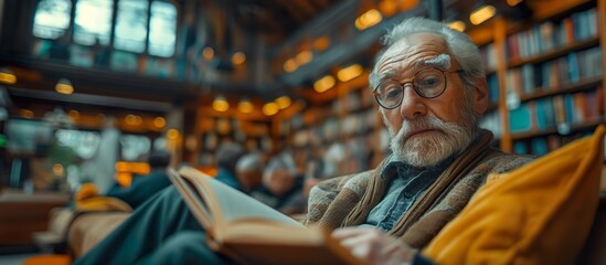 A Pensioner Reads A Book In The Library. Illustration On The Theme Of Age, Learning, Lifestyle.   Generative AI	
