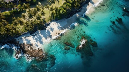 Obraz premium Aerial View of Tropical Island Paradise with Pristine Beach, Turquoise Waters, and Lush Trees