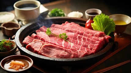 Japanese Wagyu A5 Shabu Shabu and Sukiyaki, vegetables set in the background, premium beef set, asian popular dish, japan local dish, chopsticks holding beef, fresh beef.