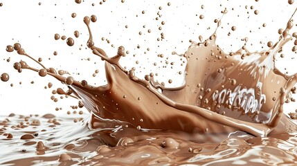 Fototapeta premium Chocolate milk splash with droplets in mid-air, clean white background