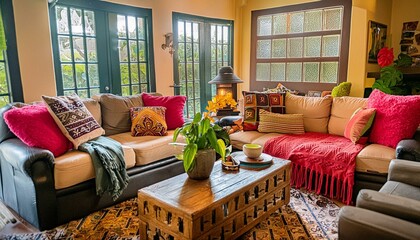 Fototapeta premium Living room with windows, home, house, colorful decor, contemporary design