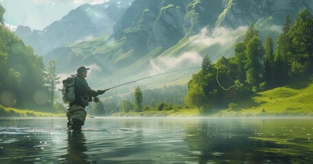 A Fisherman Casting His Line In A Mountain Stream On A Sunny Day