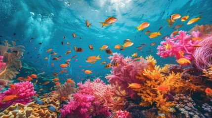 Fototapeta premium Colorful coral reef teeming with vibrant fish and marine life in crystal-clear waters