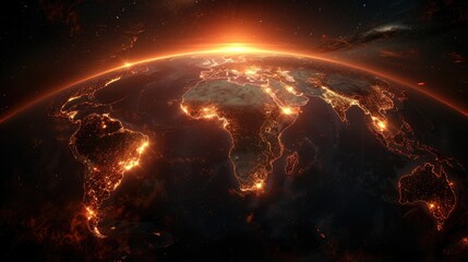 Obraz premium Earth viewed from space at night with illuminated cities, showcasing global connectivity. 