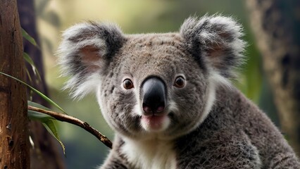Naklejka premium furry koala on a tree in the forest close-up, blurred background