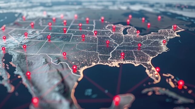 Map of the United States with red pins marking different locations, indicating network connections.
