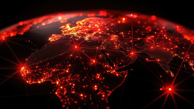 Digital map of Europe and Africa with red glowing network points and lines representing technology infrastructure.

