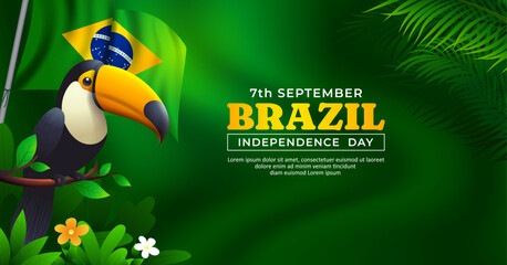 Naklejka premium 7th september Brazil Independence Day banner design, toucan bird with brazilian flag and tropical leaves Translation: order and progress