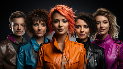 Stylish Women in Colorful Leather Jackets and Trendy Hairstyles