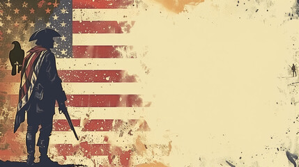 illustration of an American Continental soldier, American flag with a bald eagle in the background, independence day
