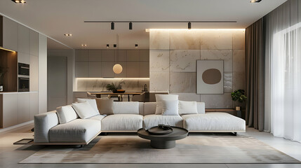 Modern minimalist living room with a neutral palette of beige, white, and grey, incorporating...