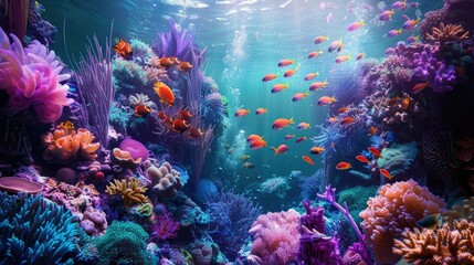 Exotic reef fish swimming through the complex structures of a vibrant coral ecosystem