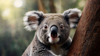 Obraz premium close-up of a koala in a tree in the forest, blurred background
