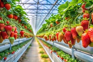 fresh strawberry grow in greenhouse farm closeup