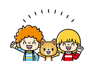 ペットの柴犬と笑顔で手を振るかわいい子供たちのイラスト