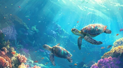 Obraz premium Graceful sea turtles gliding effortlessly through a vibrant underwater ecosystem
