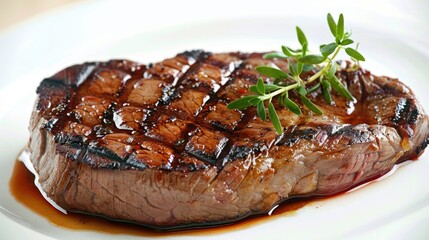 Grilled beef steak with a sprig of thyme on a white plate, isolated view