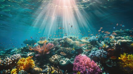 Fototapeta premium Majestic underwater scenery with colorful coral reefs and diverse marine life, illuminated by sunlight