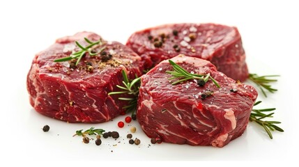 Fototapeta premium Raw marbled beef steaks with seasoning and herbs, isolated on white